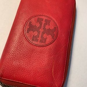 Tory Burch Red Leather Zip Around Wallet